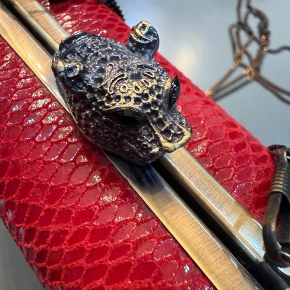 House of Harlow 1960 Red Snake-Texture Studded Clutch with Chain - Picture 2 of 6